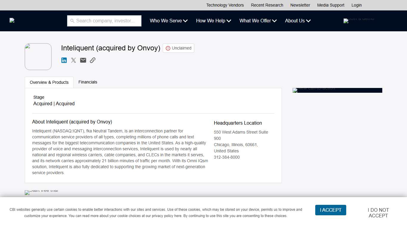 Inteliquent (acquired by Onvoy) - Products, Competitors, Financials, Employees, Headquarters Locations